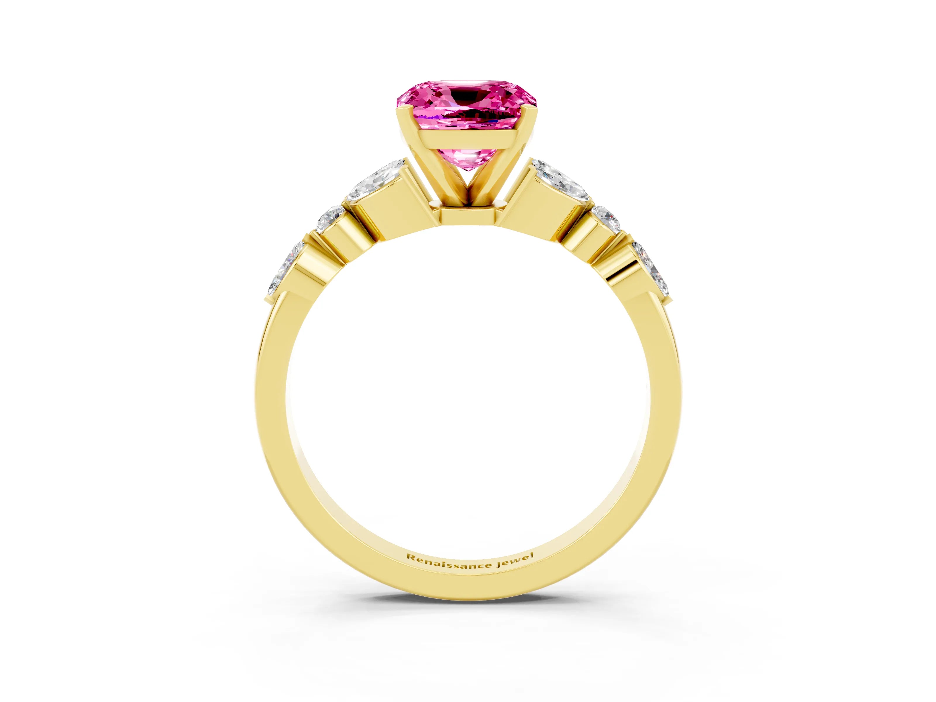 Yellow gold Cushion Cut Pink Sapphire Solitaire Ring with Side Stones and Four-Prong Setting_15