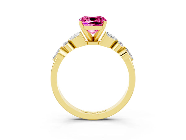 Yellow gold Cushion Cut Pink Sapphire Solitaire Ring with Side Stones and Four-Prong Setting