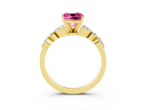 Yellow gold Cushion Cut Pink Sapphire Solitaire Ring with Side Stones and Four-Prong Setting_15