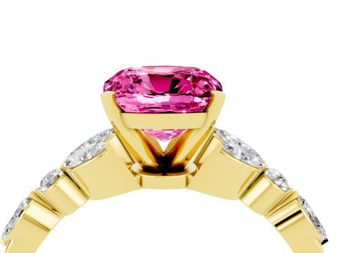 Yellow gold Cushion Cut Pink Sapphire Solitaire Ring with Side Stones and Four-Prong Setting_16