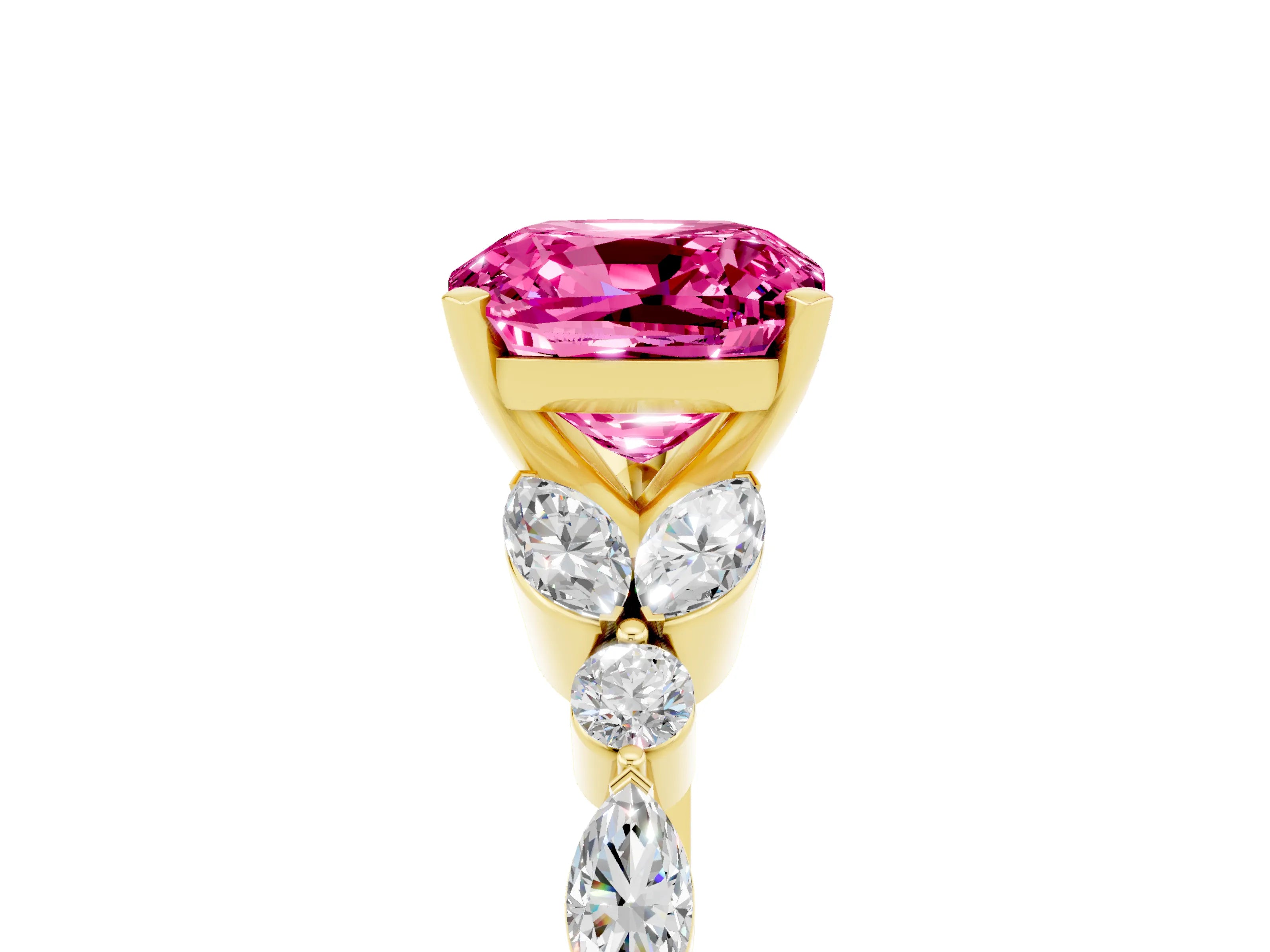 Yellow gold Cushion Cut Pink Sapphire Solitaire Ring with Side Stones and Four-Prong Setting_17