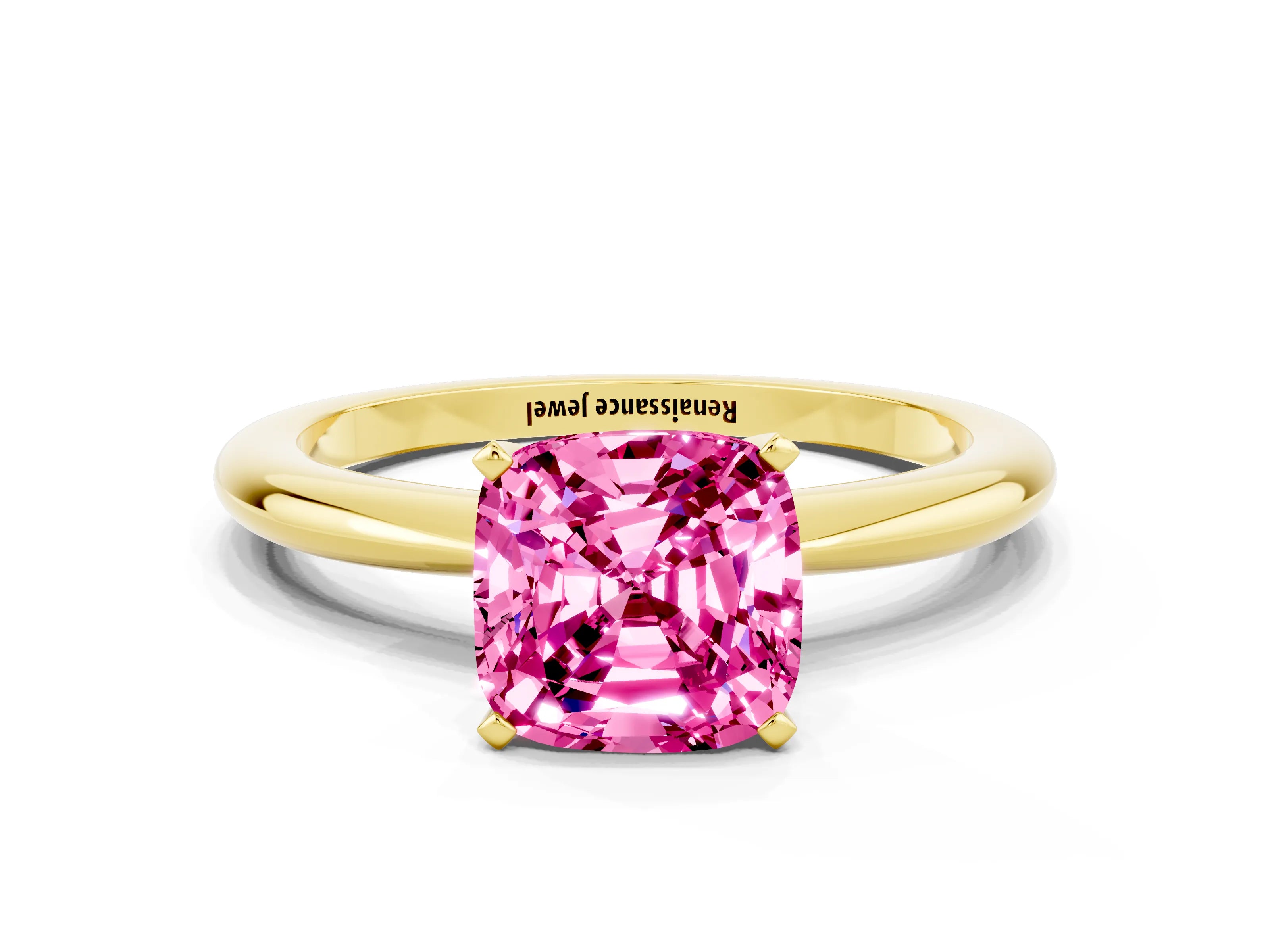 Yellow gold Cushion Cut Pink Sapphire Solitaire Ring with Six-Prong Setting and Classic Band