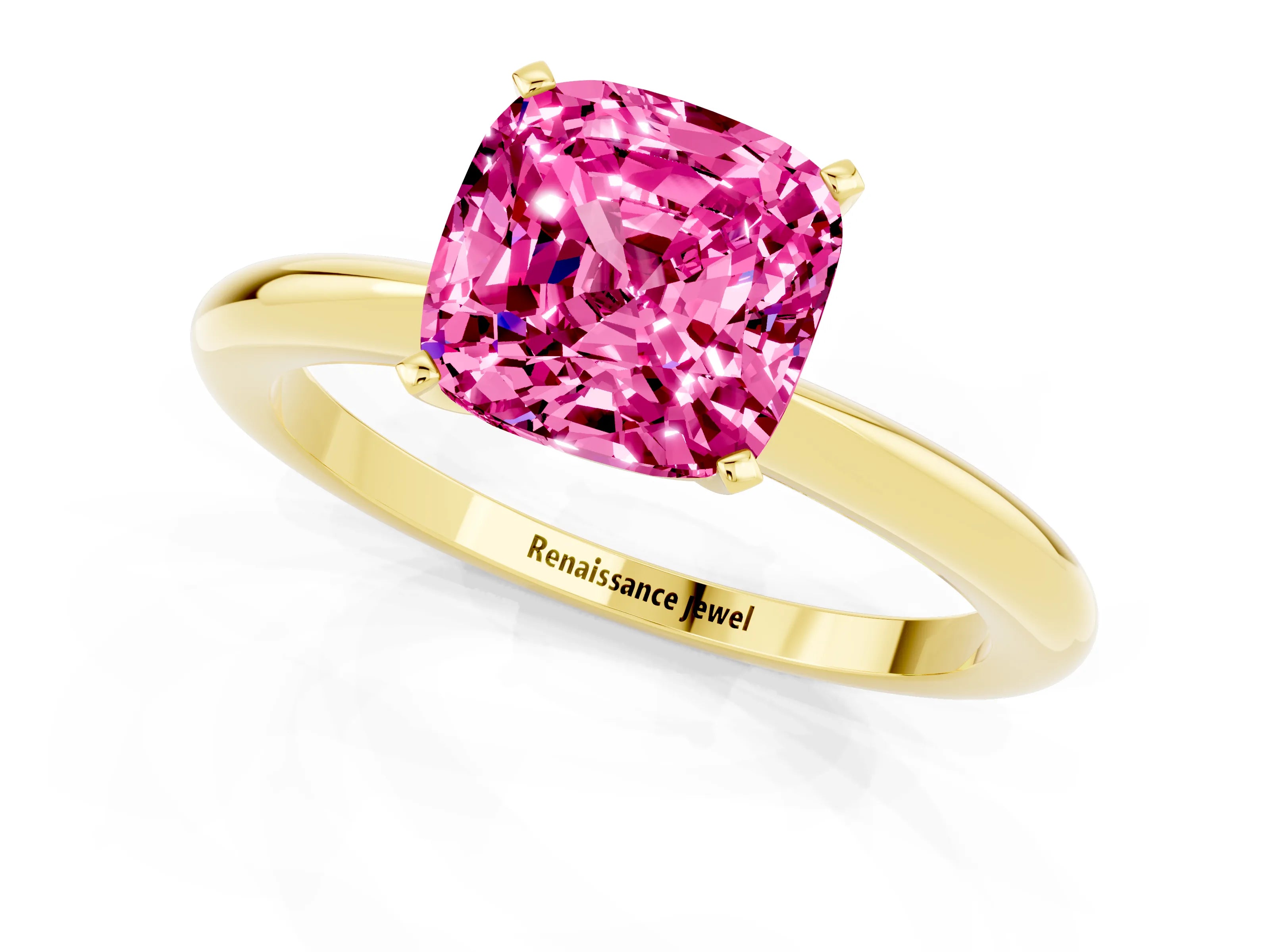 Yellow gold Cushion Cut Pink Sapphire Solitaire Ring with Six-Prong Setting and Classic Band_1
