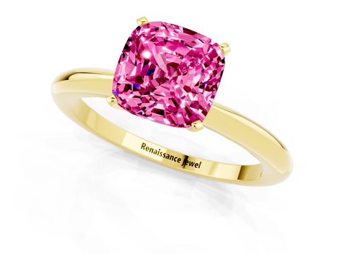 Yellow gold Cushion Cut Pink Sapphire Solitaire Ring with Six-Prong Setting and Classic Band_1