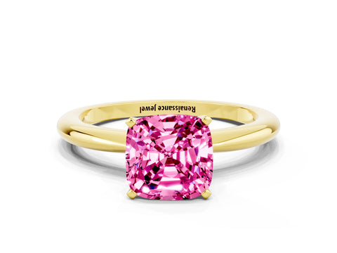 Yellow gold Cushion Cut Pink Sapphire Solitaire Ring with Six-Prong Setting and Classic Band
