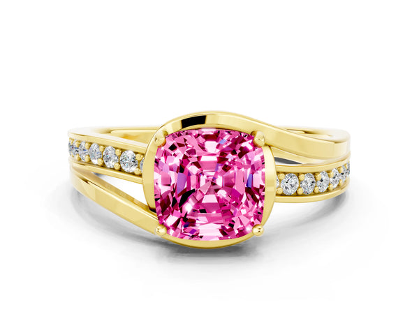 Yellow gold Cushion Cut Pink Sapphire Solitaire Ring with Split Shank and Prong Setting