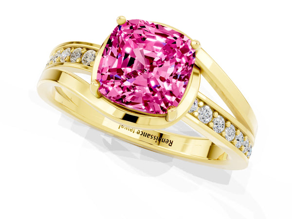 Yellow gold Cushion Cut Pink Sapphire Solitaire Ring with Split Shank and Prong Setting