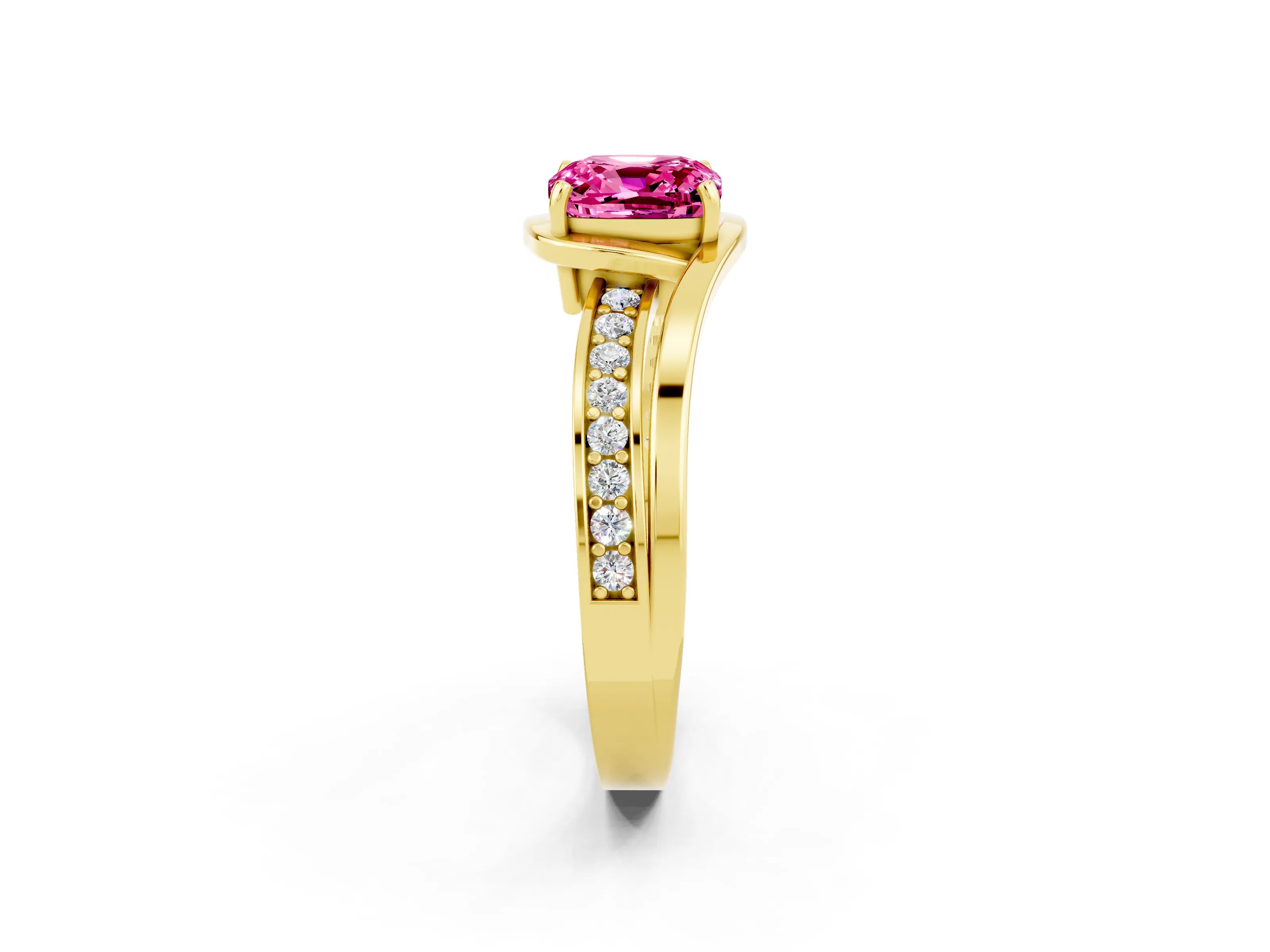 Yellow gold Cushion Cut Pink Sapphire Solitaire Ring with Split Shank and Prong Setting_2