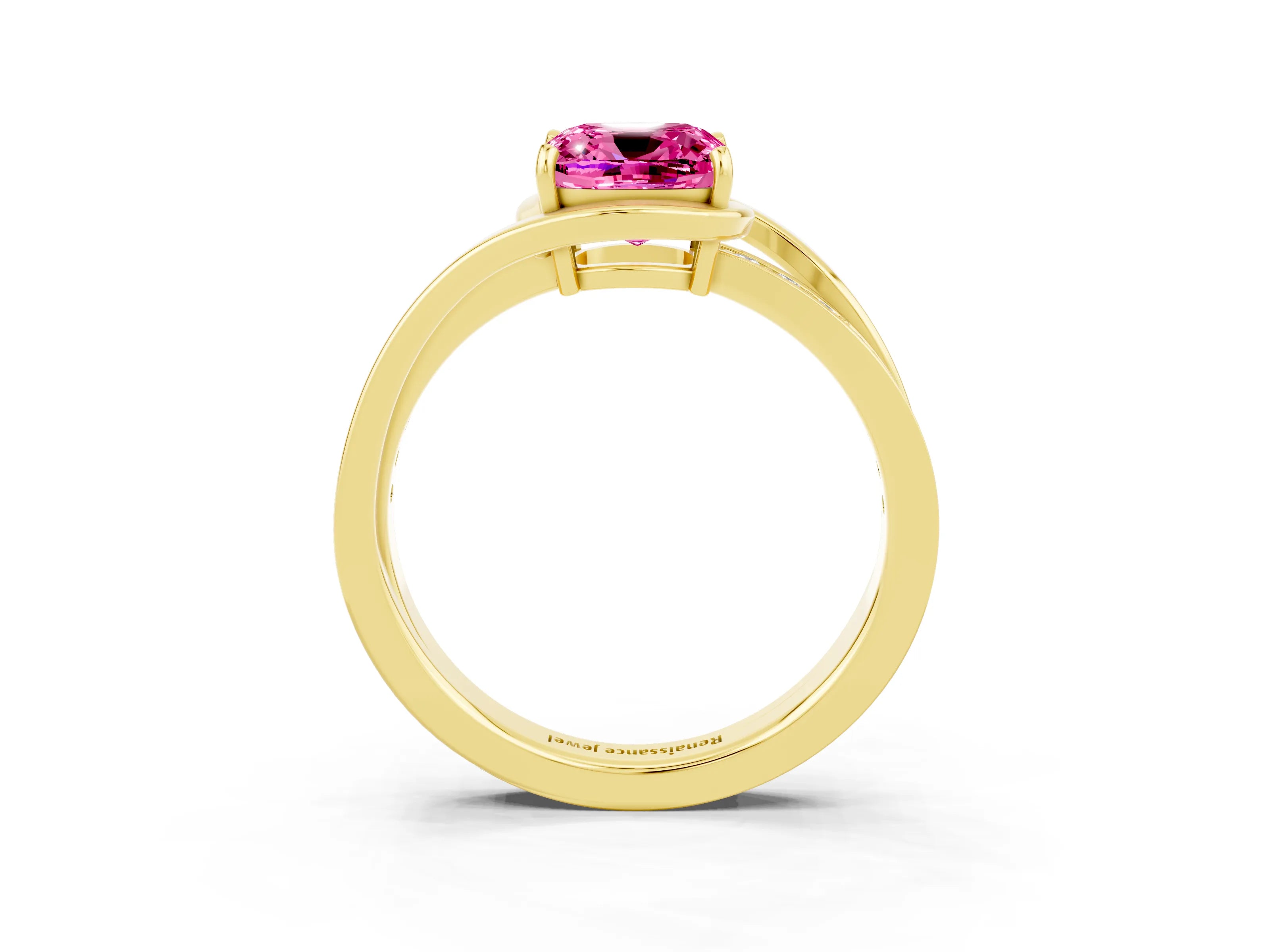 Yellow gold Cushion Cut Pink Sapphire Solitaire Ring with Split Shank and Prong Setting_3