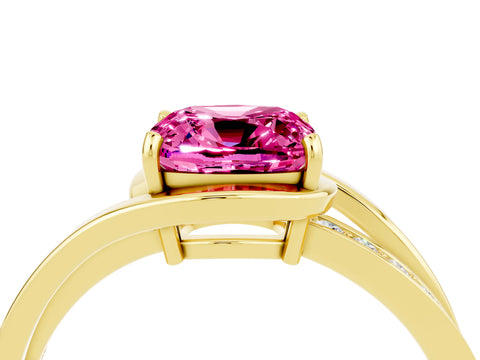 Yellow gold Cushion Cut Pink Sapphire Solitaire Ring with Split Shank and Prong Setting_4
