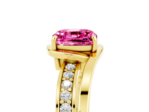 Yellow gold Cushion Cut Pink Sapphire Solitaire Ring with Split Shank and Prong Setting_5