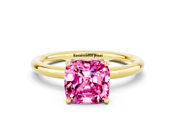 Yellow gold Cushion Cut Pink Sapphire Solitaire Ring with Thin Band and Four-Prong Setting