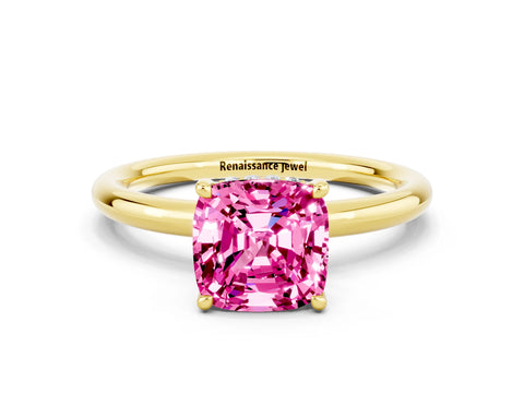 Yellow gold Cushion Cut Pink Sapphire Solitaire Ring with Thin Band and Four-Prong Setting_24