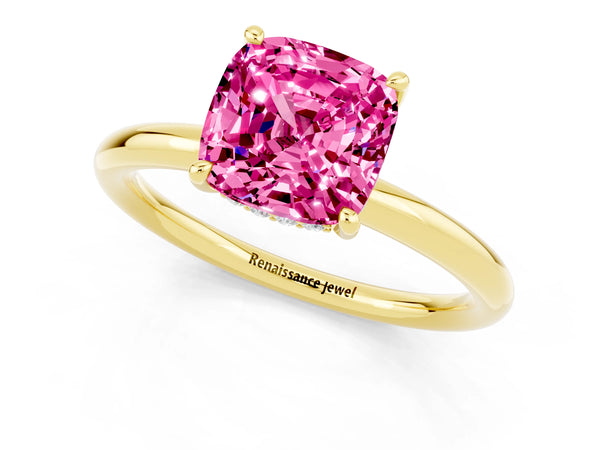Yellow gold Cushion Cut Pink Sapphire Solitaire Ring with Thin Band and Four-Prong Setting