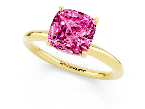 Yellow gold Cushion Cut Pink Sapphire Solitaire Ring with Thin Band and Four-Prong Setting_25