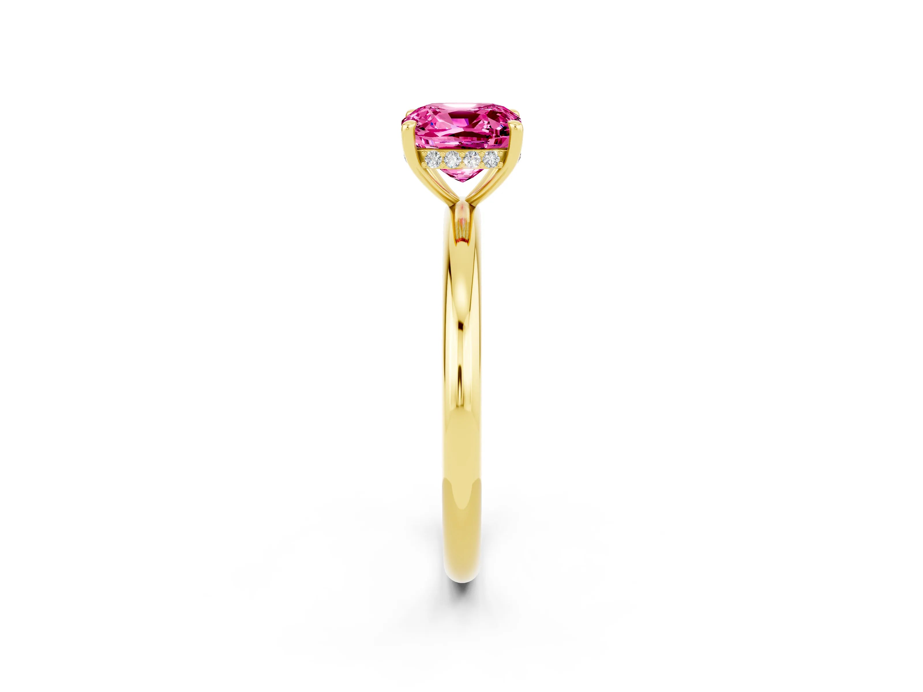 Yellow gold Cushion Cut Pink Sapphire Solitaire Ring with Thin Band and Four-Prong Setting_26