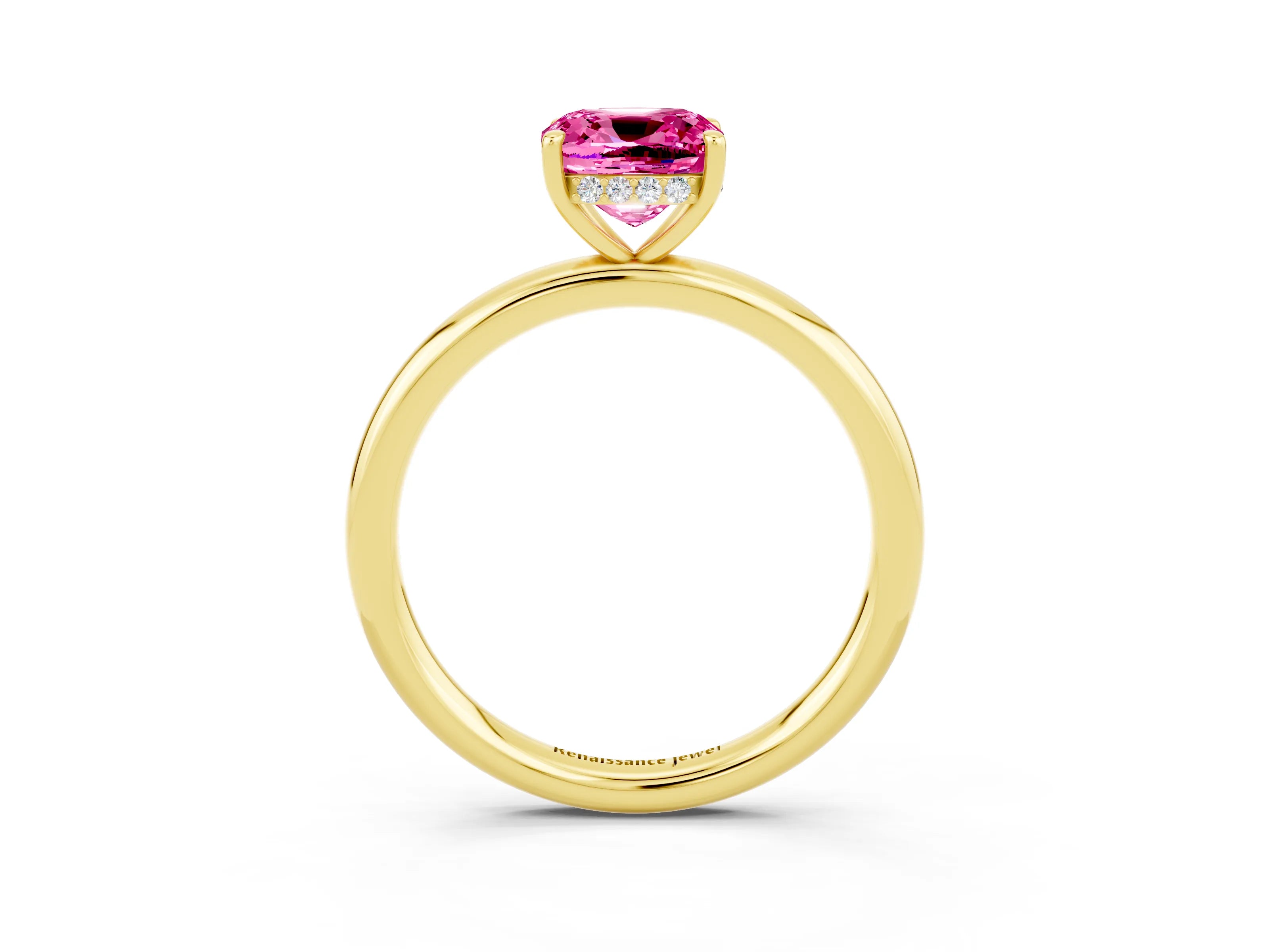 Yellow gold Cushion Cut Pink Sapphire Solitaire Ring with Thin Band and Four-Prong Setting_27