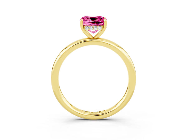 Yellow gold Cushion Cut Pink Sapphire Solitaire Ring with Thin Band and Four-Prong Setting