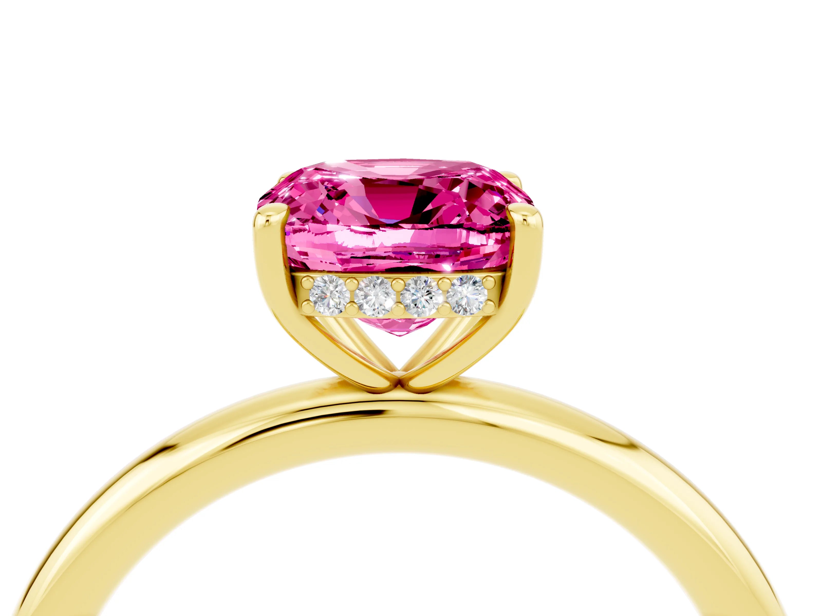 Yellow gold Cushion Cut Pink Sapphire Solitaire Ring with Thin Band and Four-Prong Setting_28