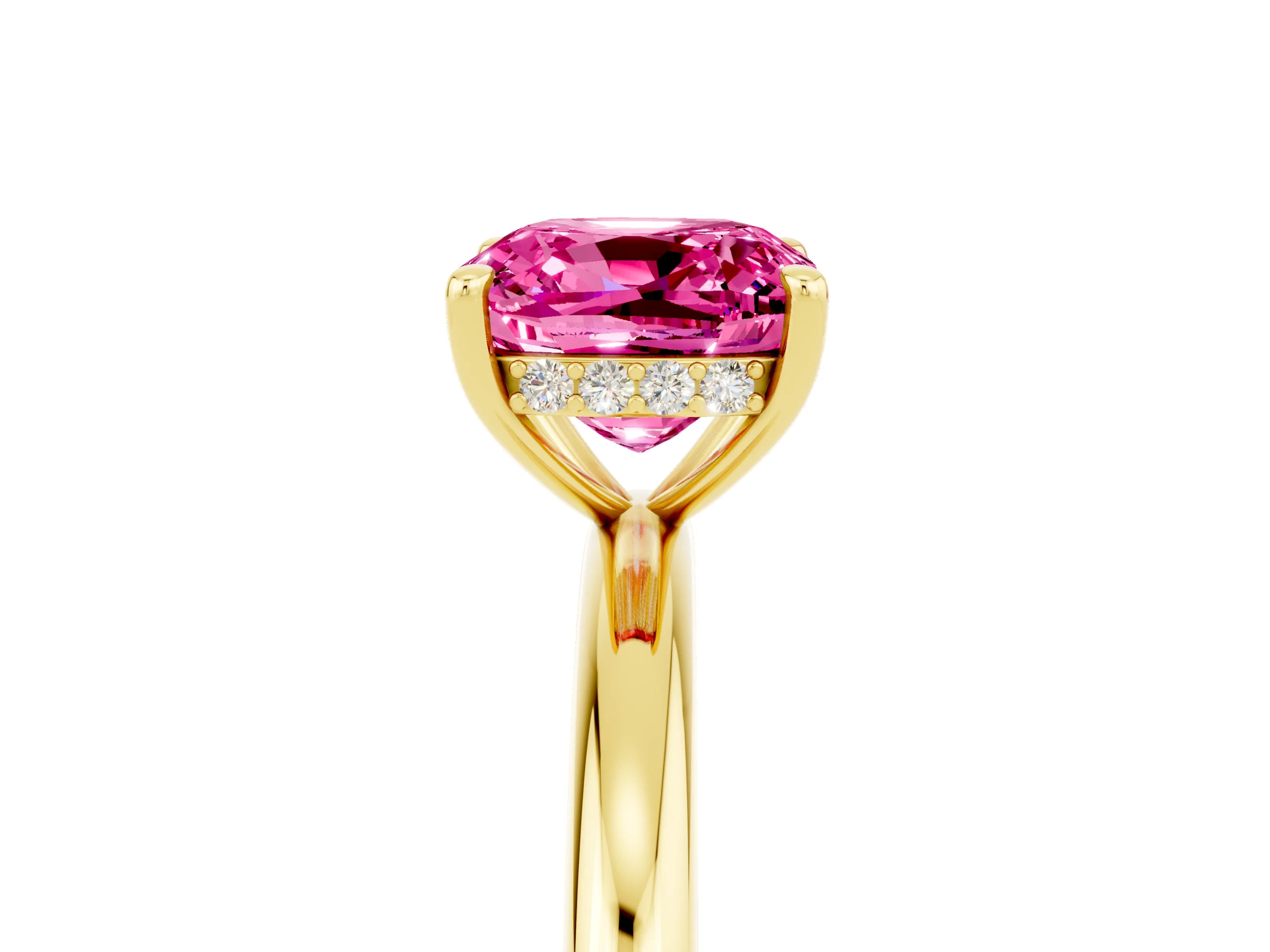 Yellow gold Cushion Cut Pink Sapphire Solitaire Ring with Thin Band and Four-Prong Setting_29