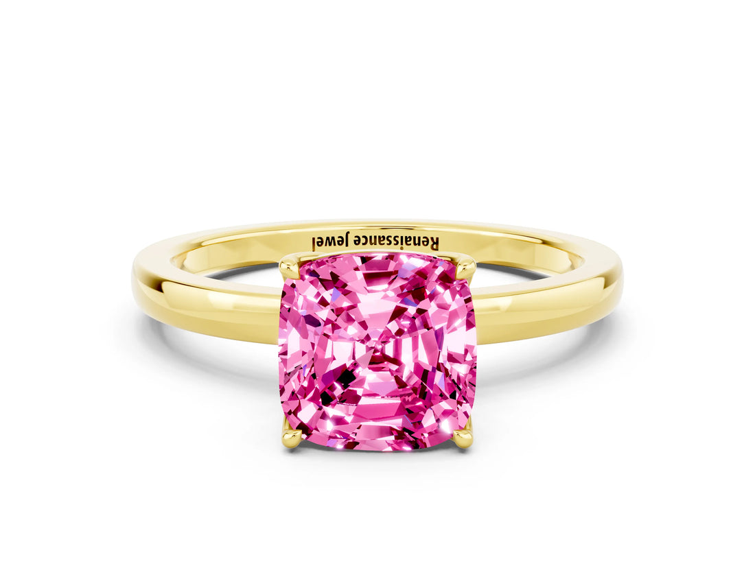 Yellow gold Cushion Cut Pink Sapphire Solitaire Ring with Thin Band and Prong Setting_12