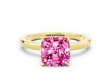 Yellow gold Cushion Cut Pink Sapphire Solitaire Ring with Thin Band and Prong Setting_12