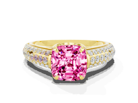 Yellow gold Cushion Cut Pink Sapphire Solitaire Ring with Three-Row Pavé Band and Four-Prong Setting_12