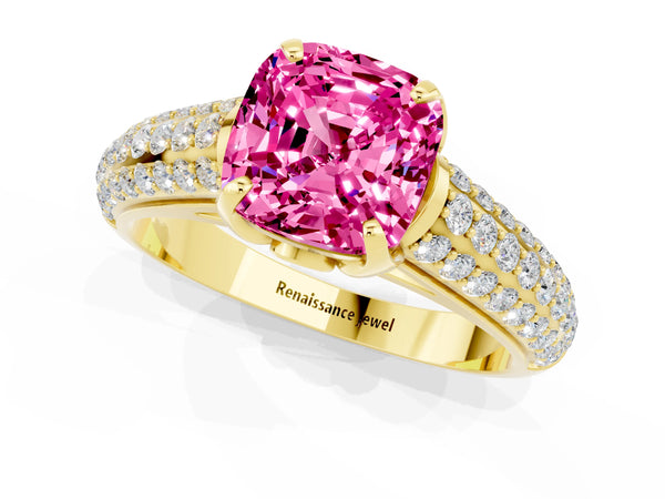 Yellow gold Cushion Cut Pink Sapphire Solitaire Ring with Three-Row Pavé Band and Four-Prong Setting