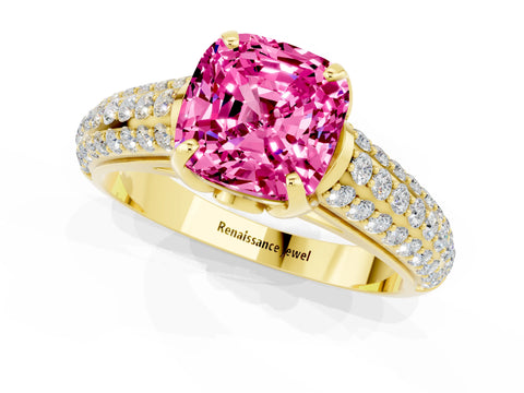 Yellow gold Cushion Cut Pink Sapphire Solitaire Ring with Three-Row Pavé Band and Four-Prong Setting_13