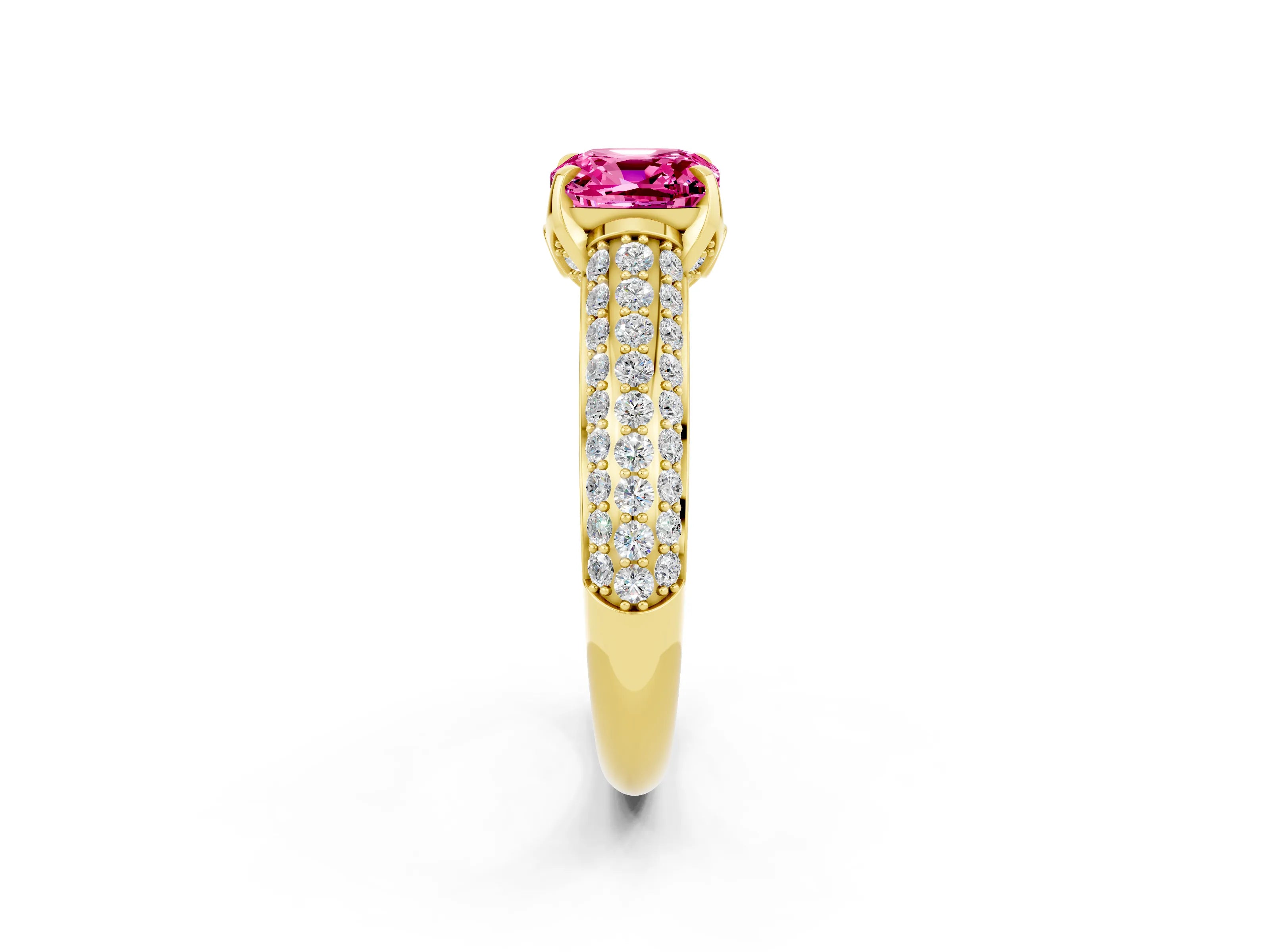 Yellow gold Cushion Cut Pink Sapphire Solitaire Ring with Three-Row Pavé Band and Four-Prong Setting_14