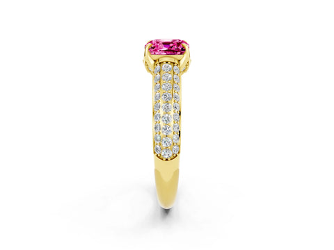 Yellow gold Cushion Cut Pink Sapphire Solitaire Ring with Three-Row Pavé Band and Four-Prong Setting_14