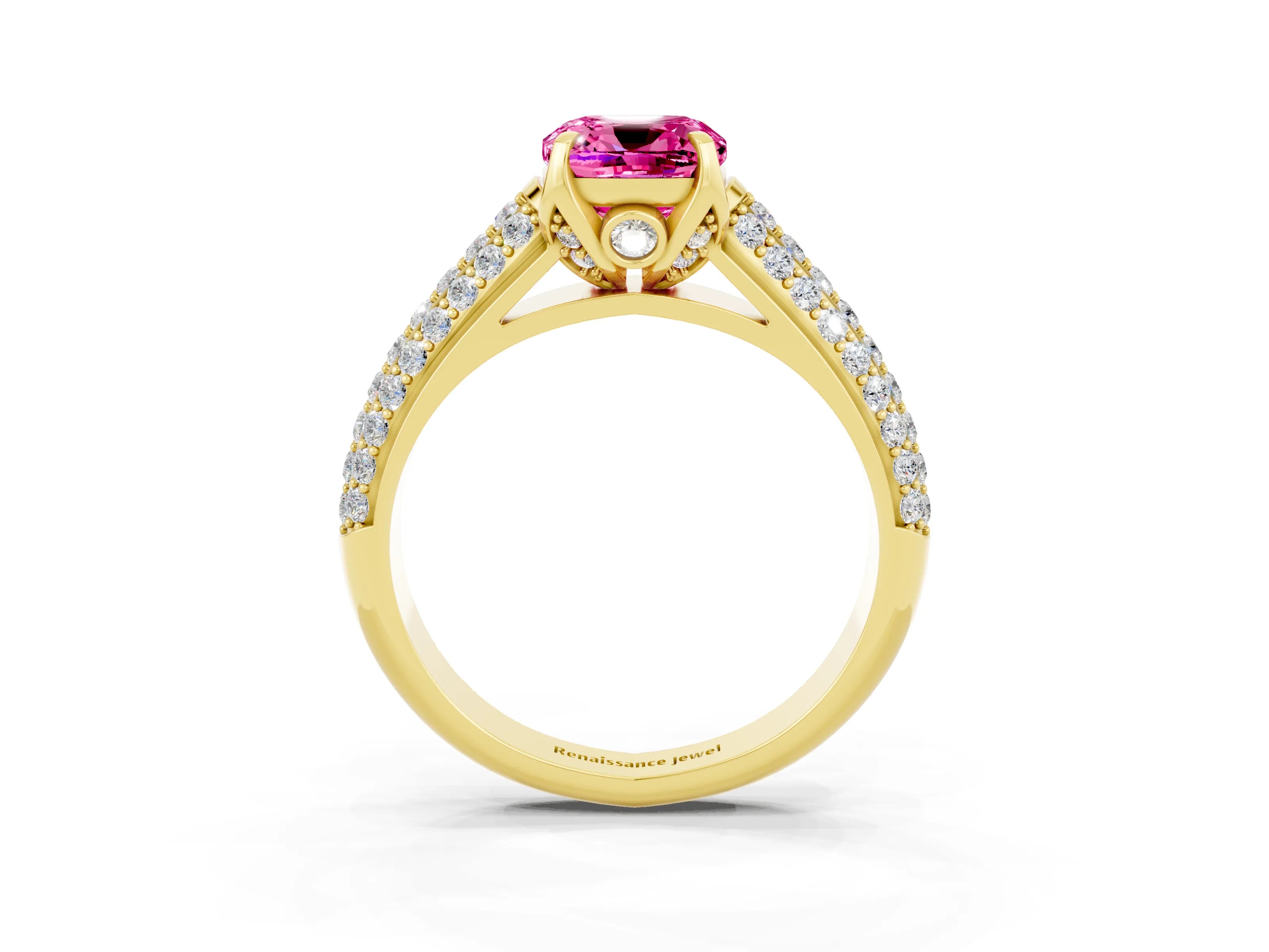 Yellow gold Cushion Cut Pink Sapphire Solitaire Ring with Three-Row Pavé Band and Four-Prong Setting_15