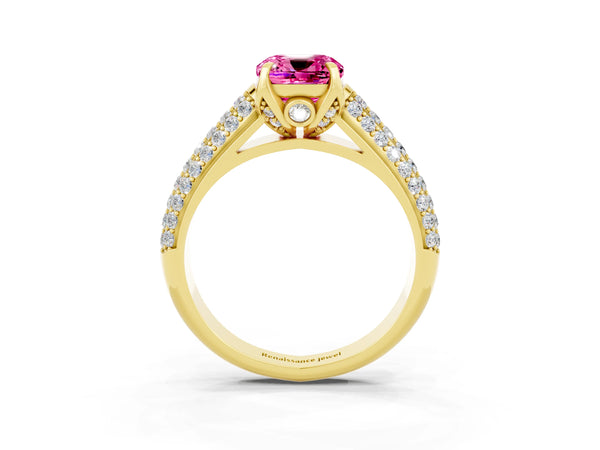 Yellow gold Cushion Cut Pink Sapphire Solitaire Ring with Three-Row Pavé Band and Four-Prong Setting