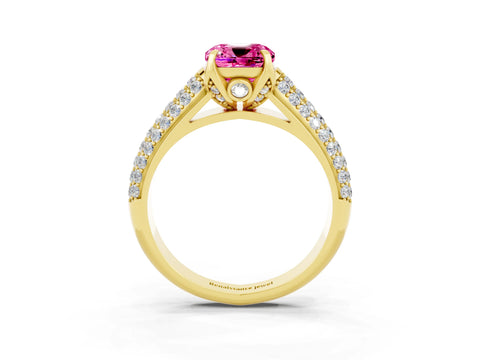 Yellow gold Cushion Cut Pink Sapphire Solitaire Ring with Three-Row Pavé Band and Four-Prong Setting_15