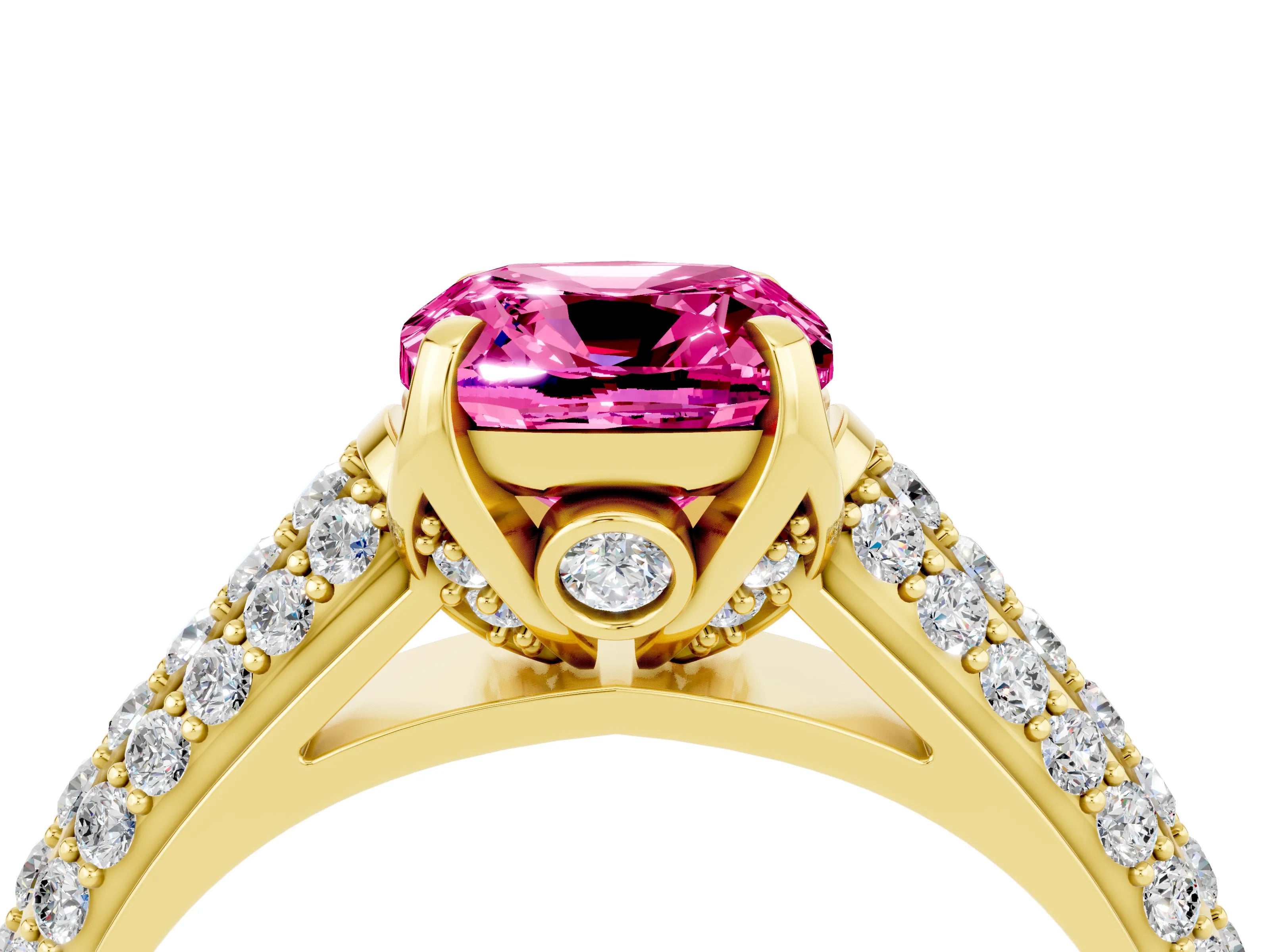 Yellow gold Cushion Cut Pink Sapphire Solitaire Ring with Three-Row Pavé Band and Four-Prong Setting_16