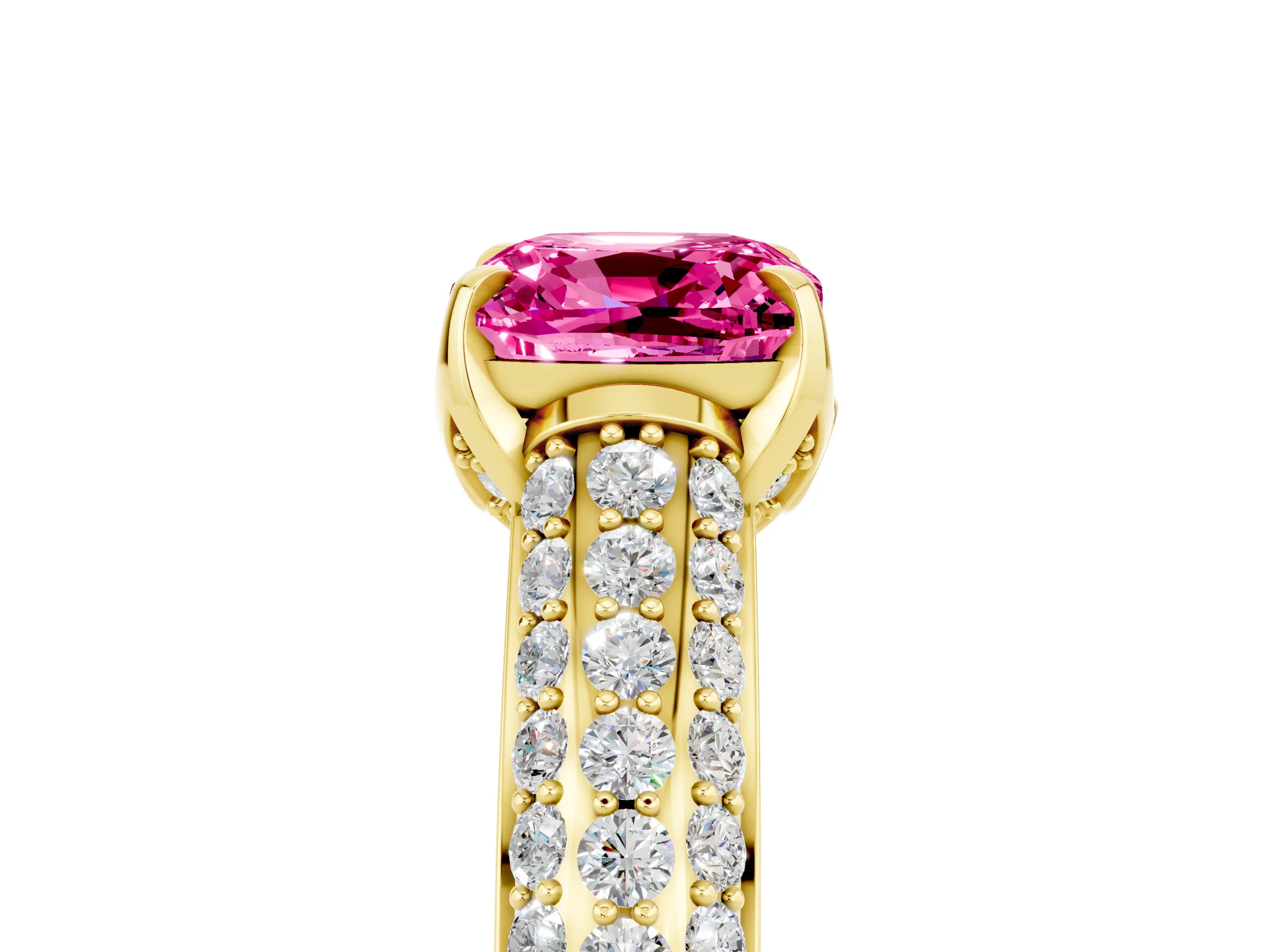 Yellow gold Cushion Cut Pink Sapphire Solitaire Ring with Three-Row Pavé Band and Four-Prong Setting_17