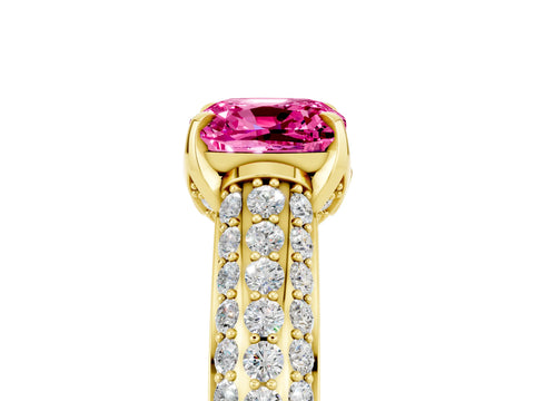 Yellow gold Cushion Cut Pink Sapphire Solitaire Ring with Three-Row Pavé Band and Four-Prong Setting_17