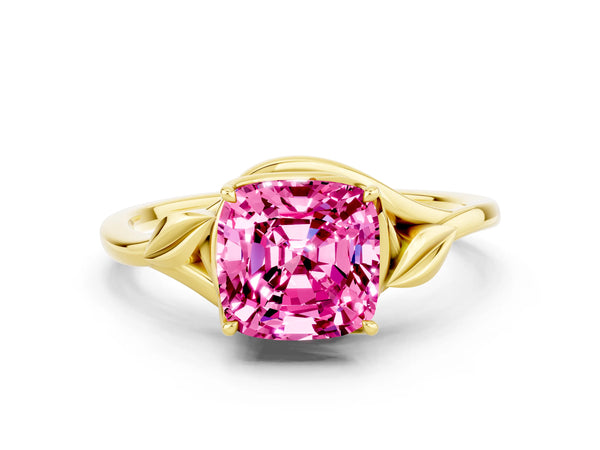 Yellow gold Cushion Cut Pink Sapphire Solitaire Ring with Twist Band and Four-Prong Setting