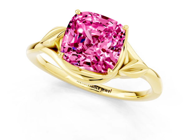 Yellow gold Cushion Cut Pink Sapphire Solitaire Ring with Twist Band and Four-Prong Setting