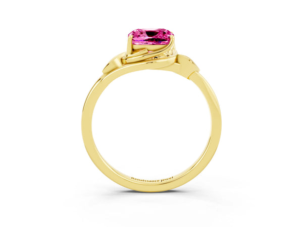 Yellow gold Cushion Cut Pink Sapphire Solitaire Ring with Twist Band and Four-Prong Setting