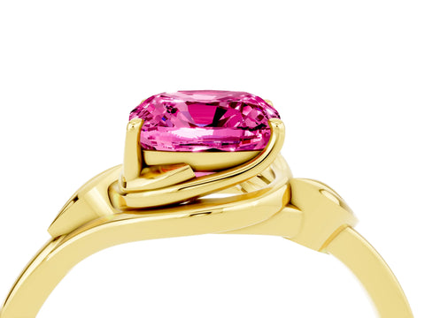 Yellow gold Cushion Cut Pink Sapphire Solitaire Ring with Twist Band and Four-Prong Setting_28