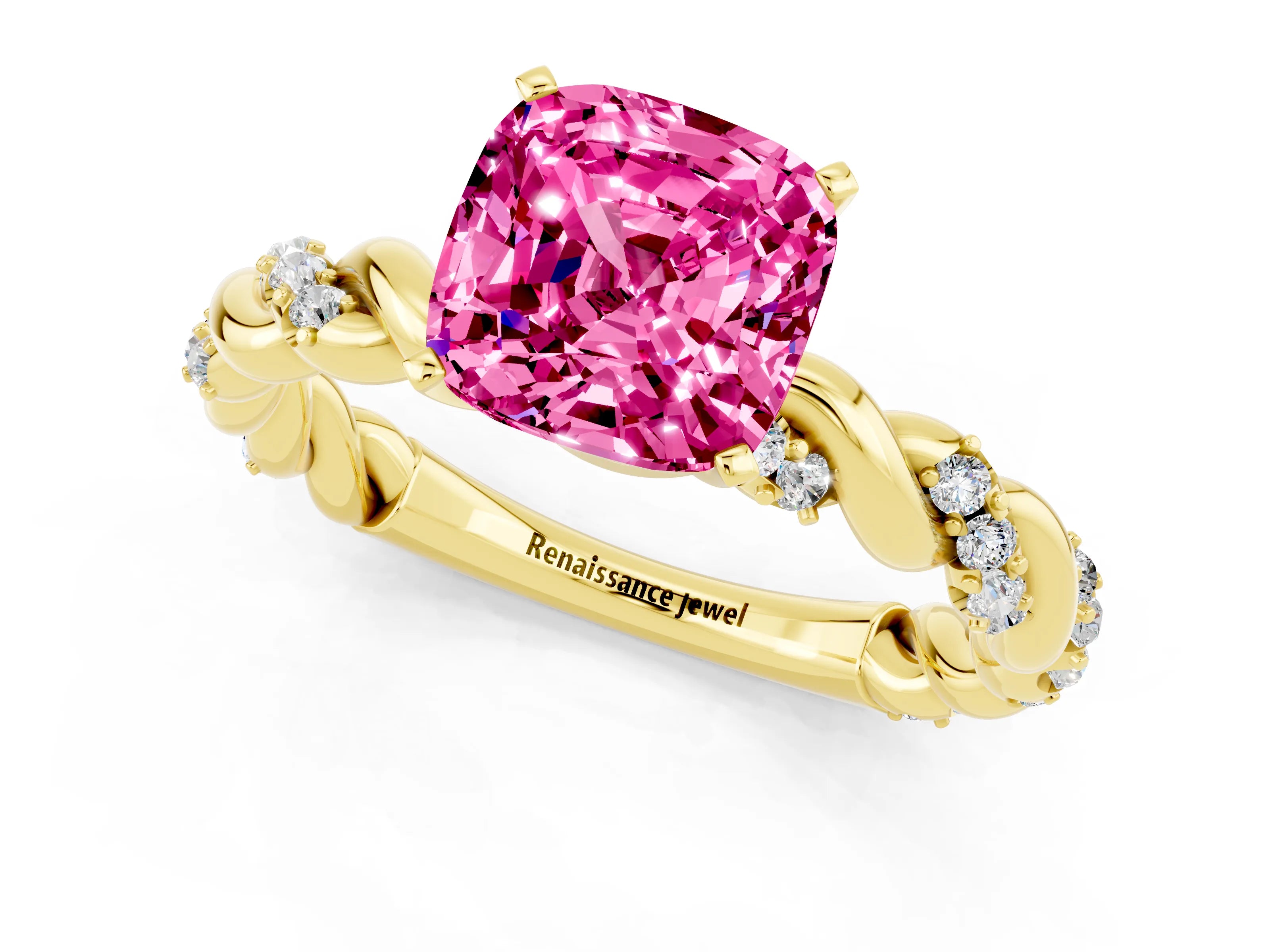 Yellow gold Cushion Cut Pink Sapphire Solitaire Ring with Twisted Band and Pavé Accents_1