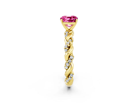Yellow gold Cushion Cut Pink Sapphire Solitaire Ring with Twisted Band and Pavé Accents_2