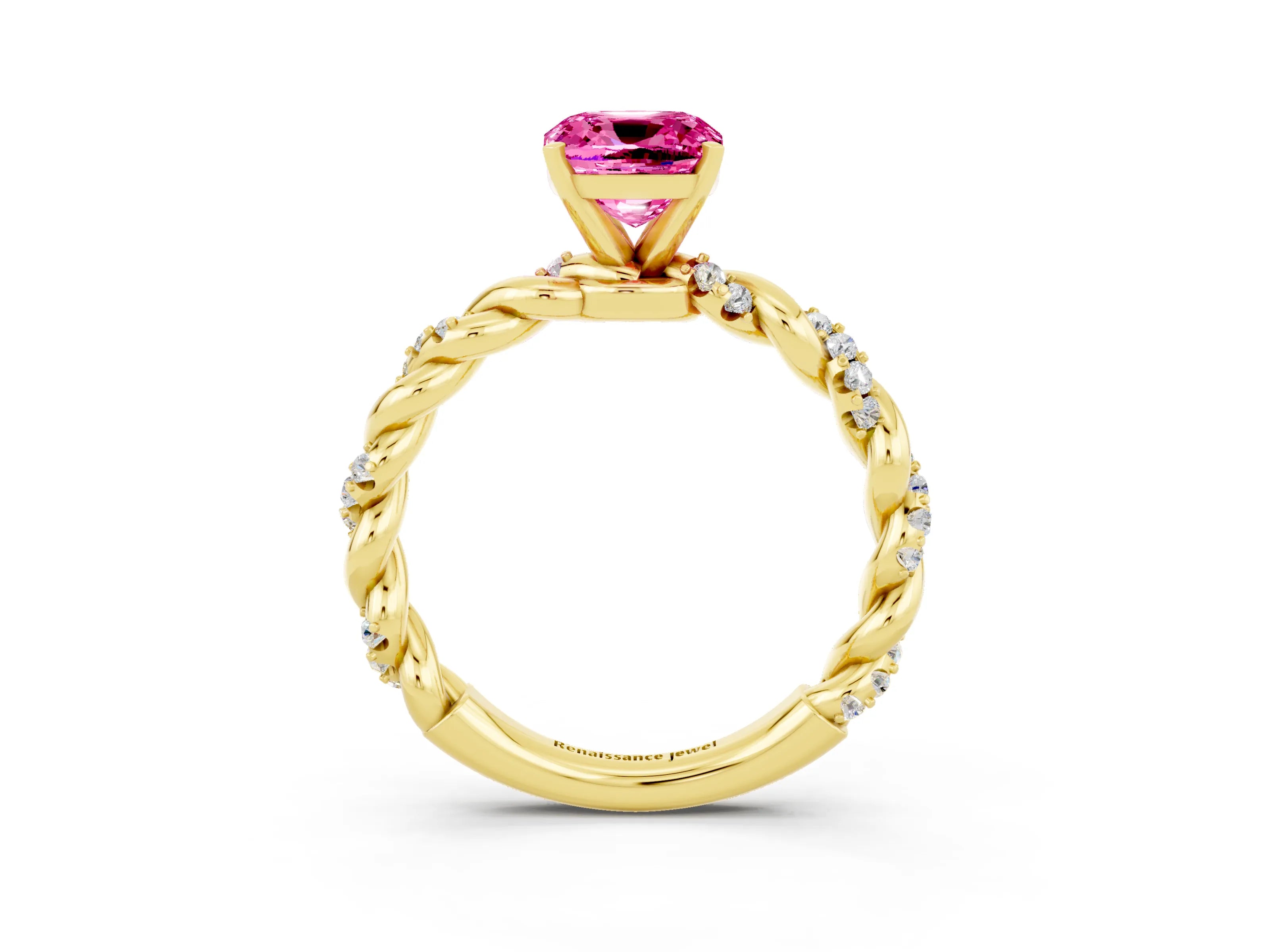 Yellow gold Cushion Cut Pink Sapphire Solitaire Ring with Twisted Band and Pavé Accents_3