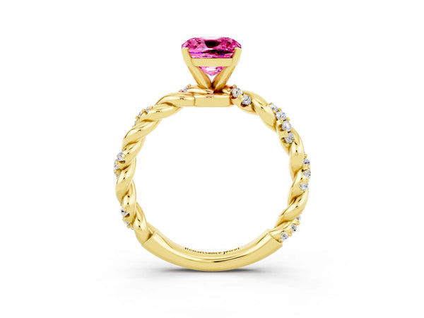Yellow gold Cushion Cut Pink Sapphire Solitaire Ring with Twisted Band and Pavé Accents