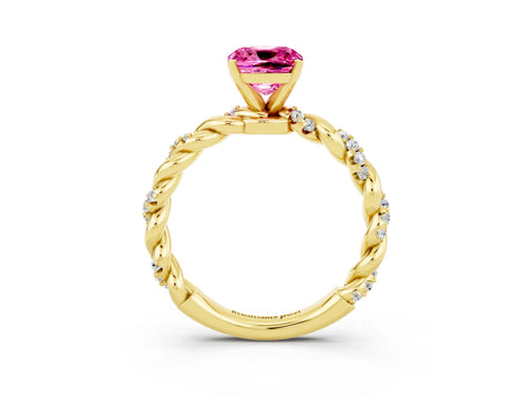 Yellow gold Cushion Cut Pink Sapphire Solitaire Ring with Twisted Band and Pavé Accents_3
