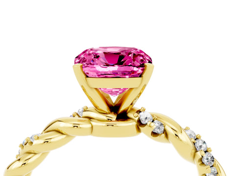 Yellow gold Cushion Cut Pink Sapphire Solitaire Ring with Twisted Band and Pavé Accents_4