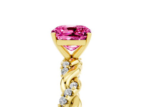 Yellow gold Cushion Cut Pink Sapphire Solitaire Ring with Twisted Band and Pavé Accents_5