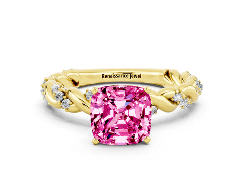 Yellow gold Cushion Cut Pink Sapphire Solitaire Ring with Twisted Band and Pavé Accents