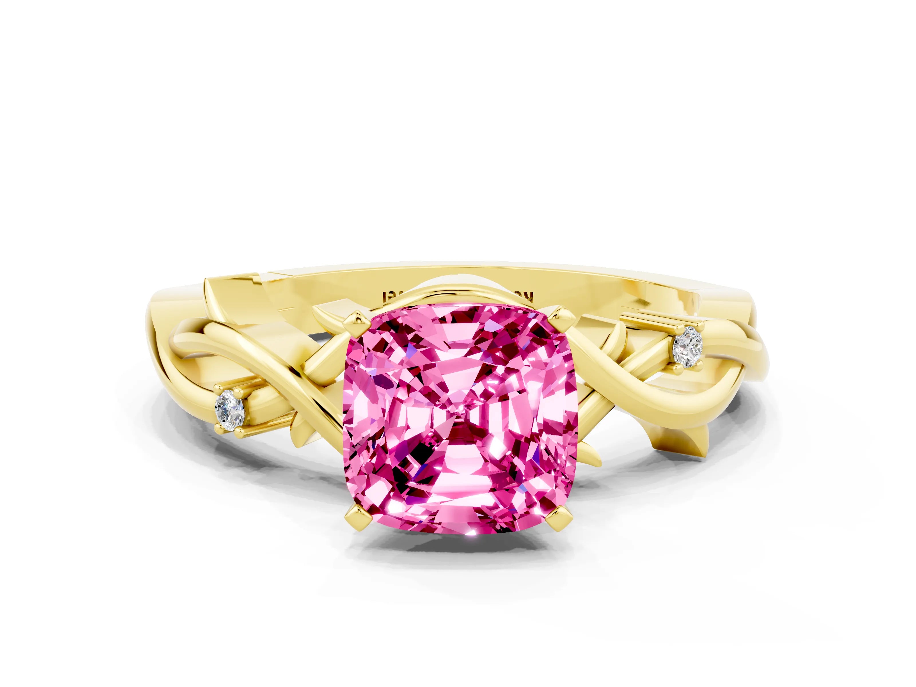 Yellow gold Cushion Cut Pink Sapphire Solitaire Ring with Twisted Band and Prong Setting
